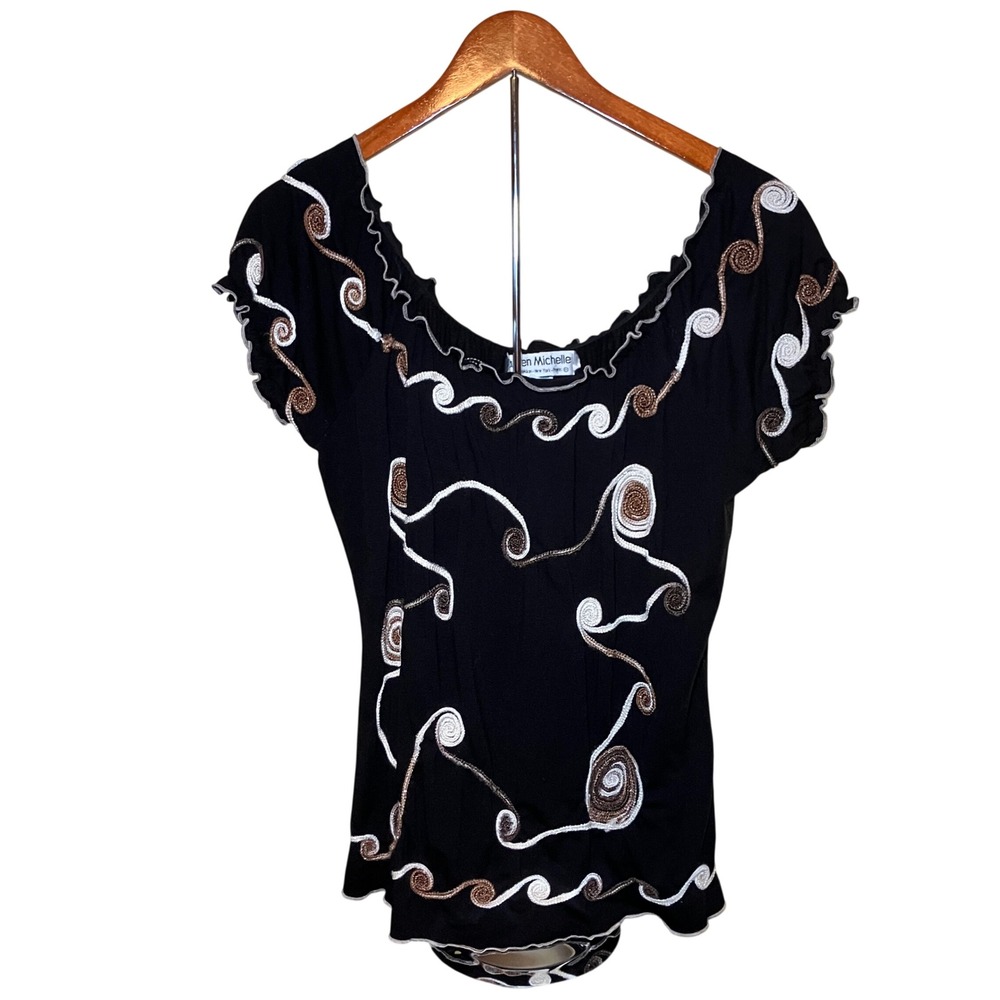 Lauren Michelle Top Women M Black Copper White Soutache Swirl Lettuce Edge Boho